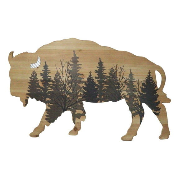 Western Bison Buffalo With Forest Silhouette Wooden Plank Cutout Wall Decor