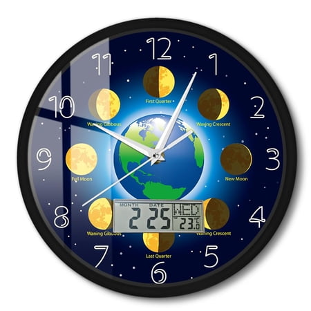 Earth Lunar Moon Phase Space Wall Clock with Digital LCD Panel Shows Temperature Calendar Date Week