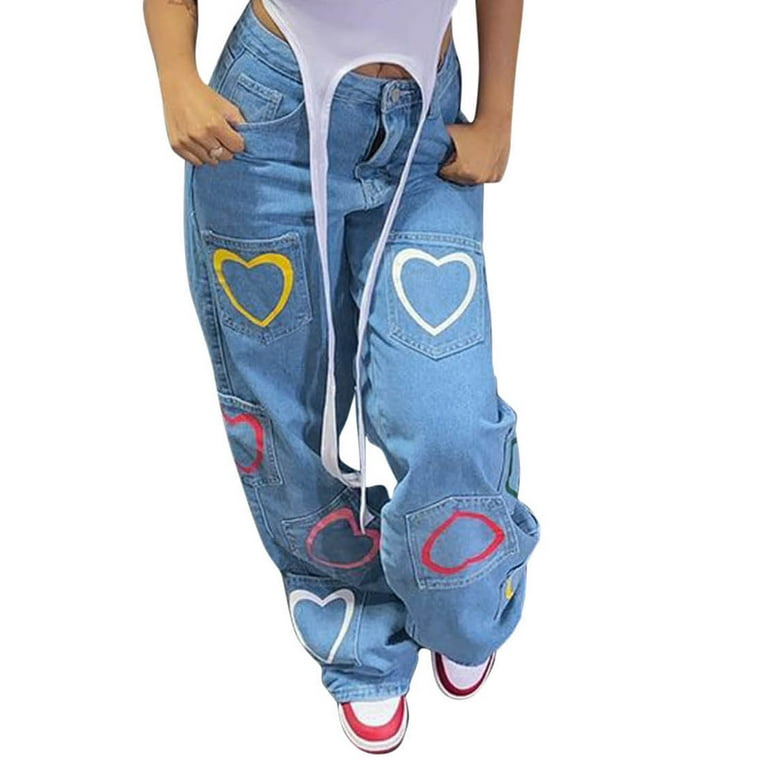Frehsky jeans for women Womens Casual Heart Print Multi-pocket Pants Zip  Jeans Denim Loose Trousers baggy jeans for women Blue