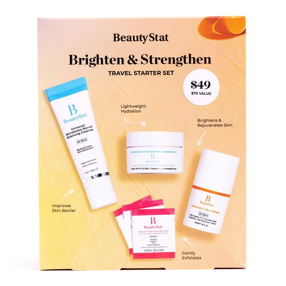 Kit de inicio de viaje diario para iluminar y fortalecer BeautyStat: 10 ml de refinador de piel universal C, 10 ml de crema potenciadora de humedad probiótica, 30 ml de limpiador purificador de microb