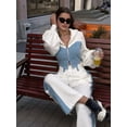 thumbnail image 3 of Casual 2 Piece Outfit for Women - Color Block Long Sleeve Zip Up Hoodie + Denim Drawstring Long Pants White M, 3 of 6