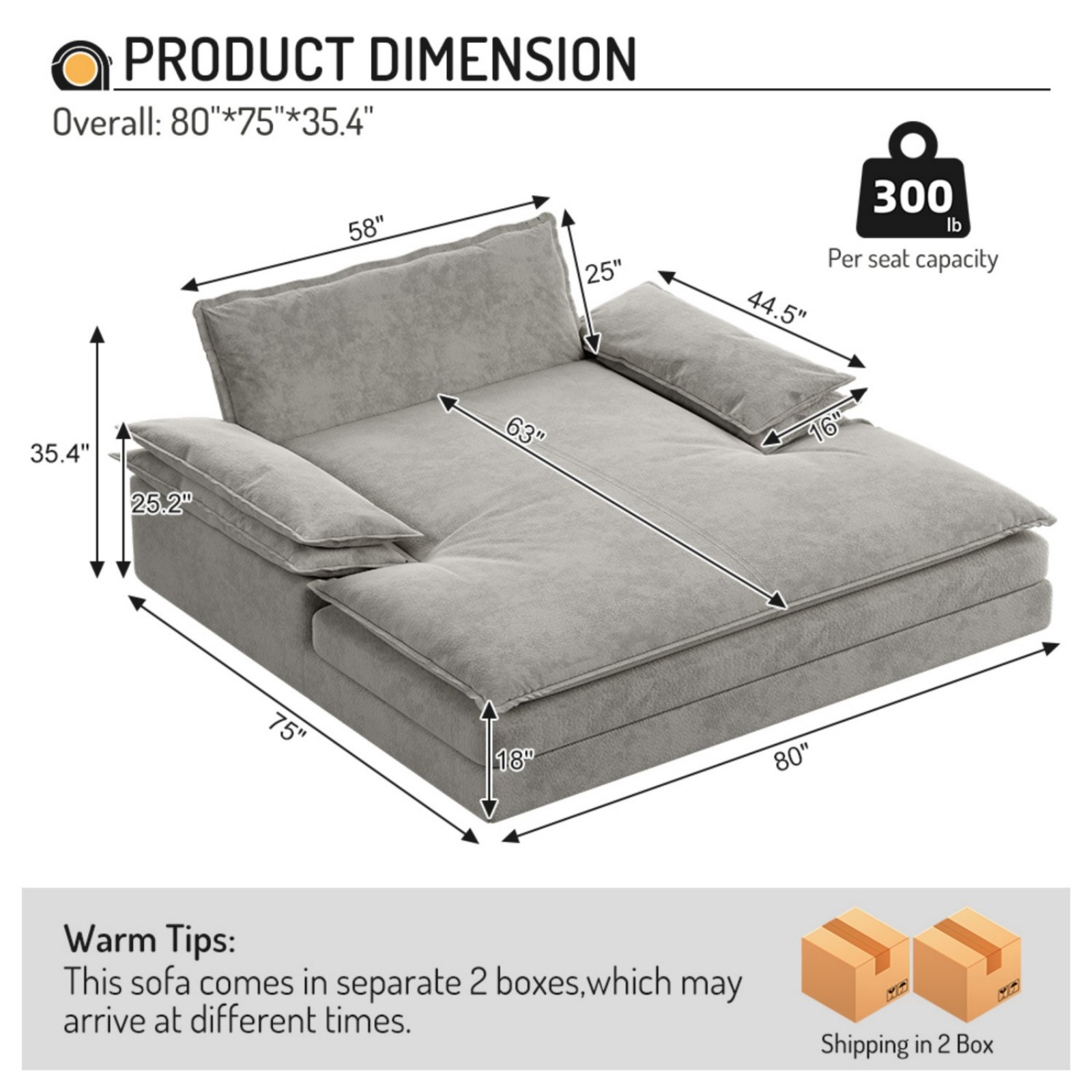 Aukfa 80" Oversized Double Chaise Lounge, Boneless Cloud Upholstered Sofa Bed, Sleeper Loveseat with Removable Deep Seat Cushions, Gray