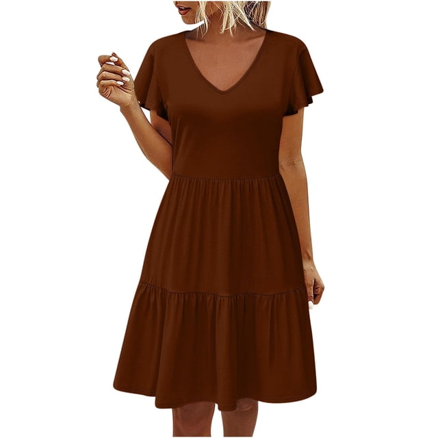 AherBiu Robes Boho pour Femmes Manches Courtes Col en V à Volants Robe d'Été Fluide de Plage avec Poche
