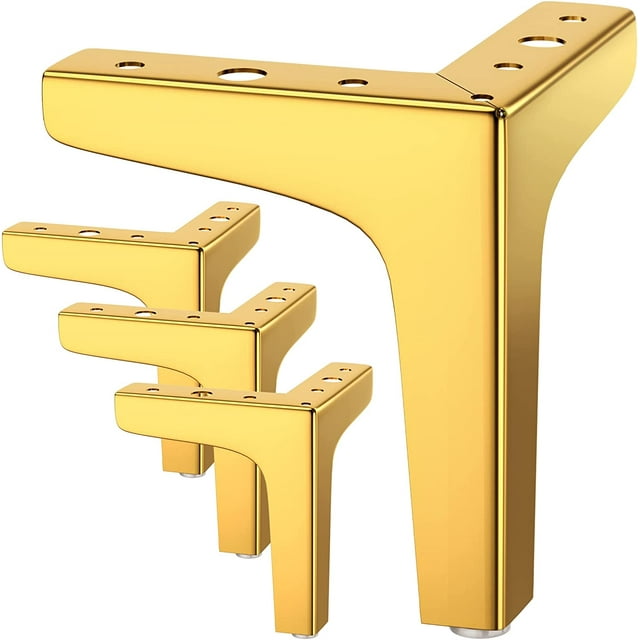 Juego de 4 patas para muebles doradas, carga de hasta 800 kg, patas de 10 cm con 20 tornillos y 4 protectores, patas de mesa de metal modernas en forma de triángulo, patas de mueble con pasador para a
