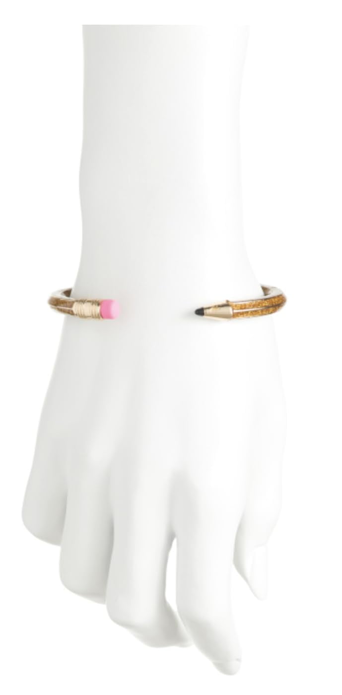 Betsey Johnson Womens Glitter Pencil Bracelet Bangle Gold Sparkle Wrap Design with Pink Eraser Accent