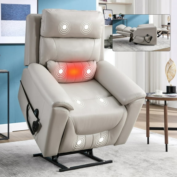 Recliners and Massage Chairs Dual Motor Infinite Position Up to 350 LBS Leatherair Power Lift Recliner Chair, Heavy Duty Motion Mechanism with 8-Point Vibration Massage and Lumbar Heating,Grey,Massag