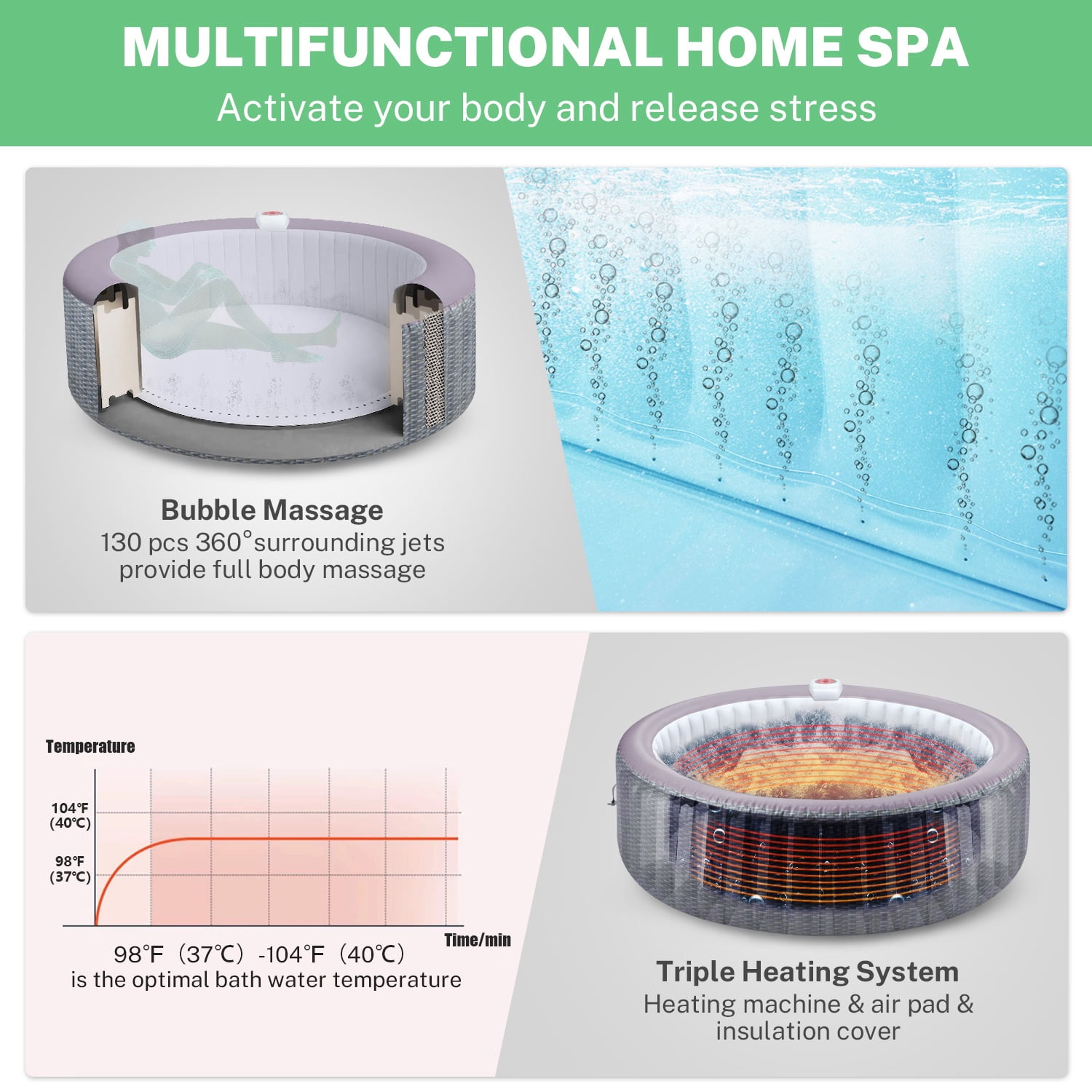 6-8 Person Portable Hot Tub w/Cup Holder, 82''Dia Inflatable Home Spa Tub with Hidden Machine, 130 Massage Jets, Rattan Pattern Hot Tub with Storage Bag Lockable Cover Floor Mat, 4 Filters, Max 104℉