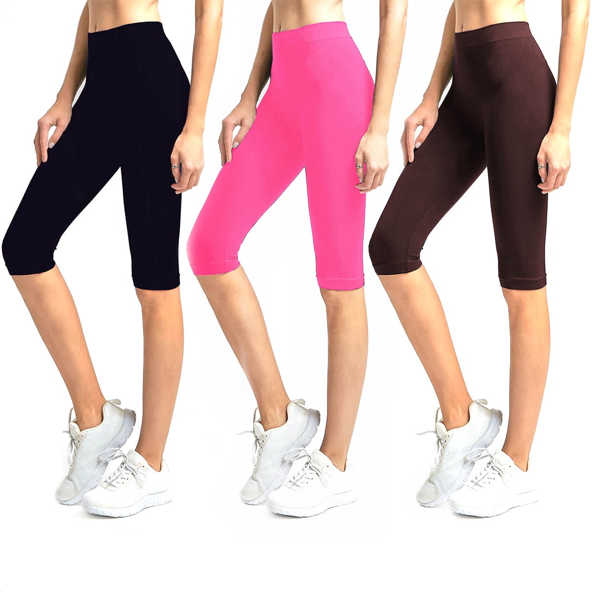 Solid Knee Length Short Spandex Yoga Leggings 3 Pack (Black, Neon Pink ...