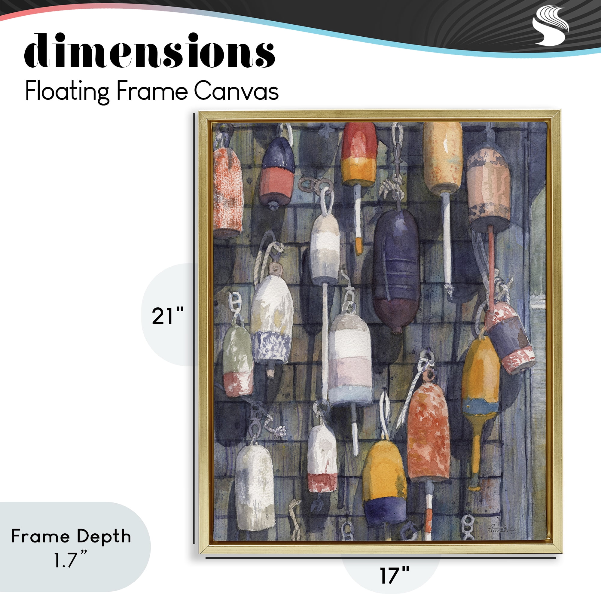 Stupell Industries Watercolor Hanging Buoys Gold Framed Floater Canvas Wall Art, design by Patti Bishop