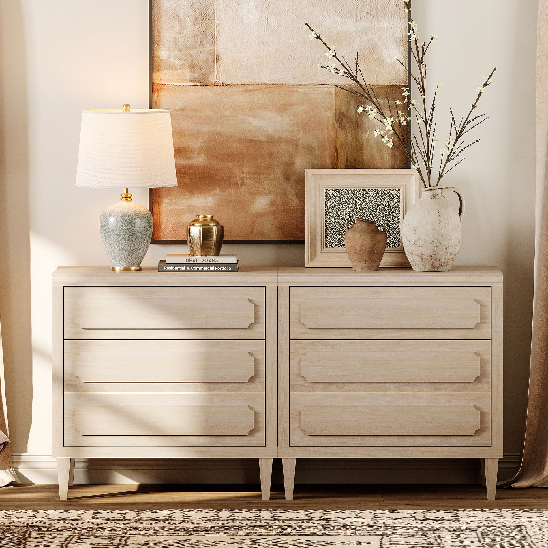 63" Oak Buffet Cabinet with Embossed Drawers, Modern Sideboard with Storage, Light Oak