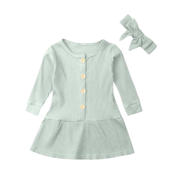 JSGEK Baby Toddler Girl Dresses Infant Long Sleeve Crewneck Button Down Rib Knit Dress with Headband Green 6 Years