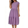 thumbnail image 3 of CHGBMOK Womens Summer Casual Solid Long Dress Short Sleeve Crew Neck A-line Dress Smocked Elastic Waist Tiered Maxi Dress, 3 of 7