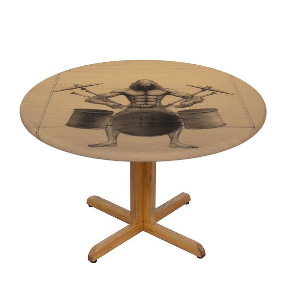 Retro Art Drum (2) Round Fitted Tablecloths Table Covers Wipeable Waterproof Elastic for Kitchen Dinning Parties Wedding Picnic Small Fits 40-44 Inch Table Size