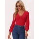 thumbnail image 3 of Blusa Ajustada con Cuello en V de Manga Farol Larga Blusa Informal con Lazo para Mujer rojo XS, 3 of 5