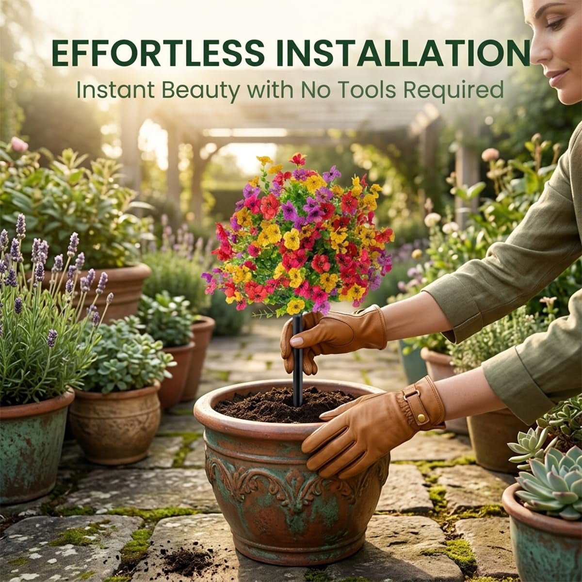 Artificial Flowers for Outdoors with Ground Stakes, UV Resistant Waterproof Faux Violet Blooms, Garden Yard and Patio Decoration