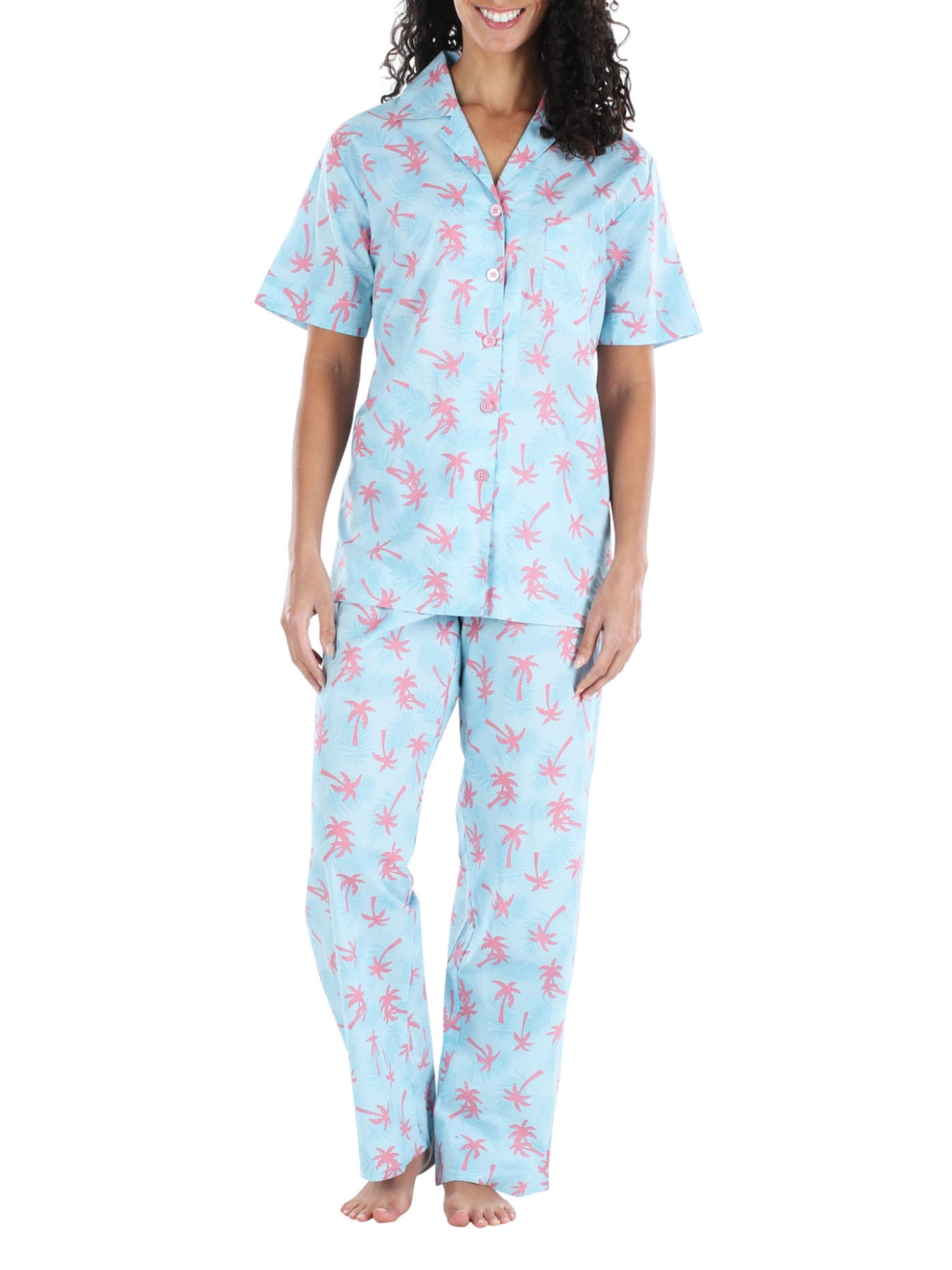 Capris M 8-10 Womens Pajamas Set TEAL w/ PURPLE WHITE FLOWERS Button Up S/S Top