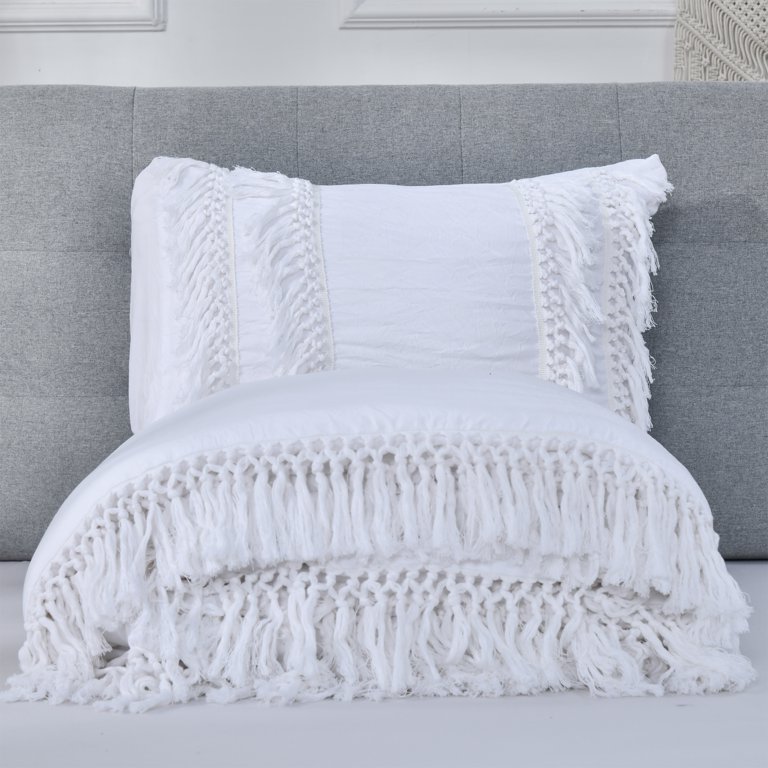 LadyAnn White Ruffle Tassel Comforter Set Queen Boho Chic Macrame