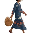 thumbnail image 3 of DISNIMO Womens Casual Maxi Dresses Crane Flower Print V Neck Loose Dress 2026 Elegant Linen-Like Shift Dress 3/4 Sleeve Midi Dresses, L, 3 of 6