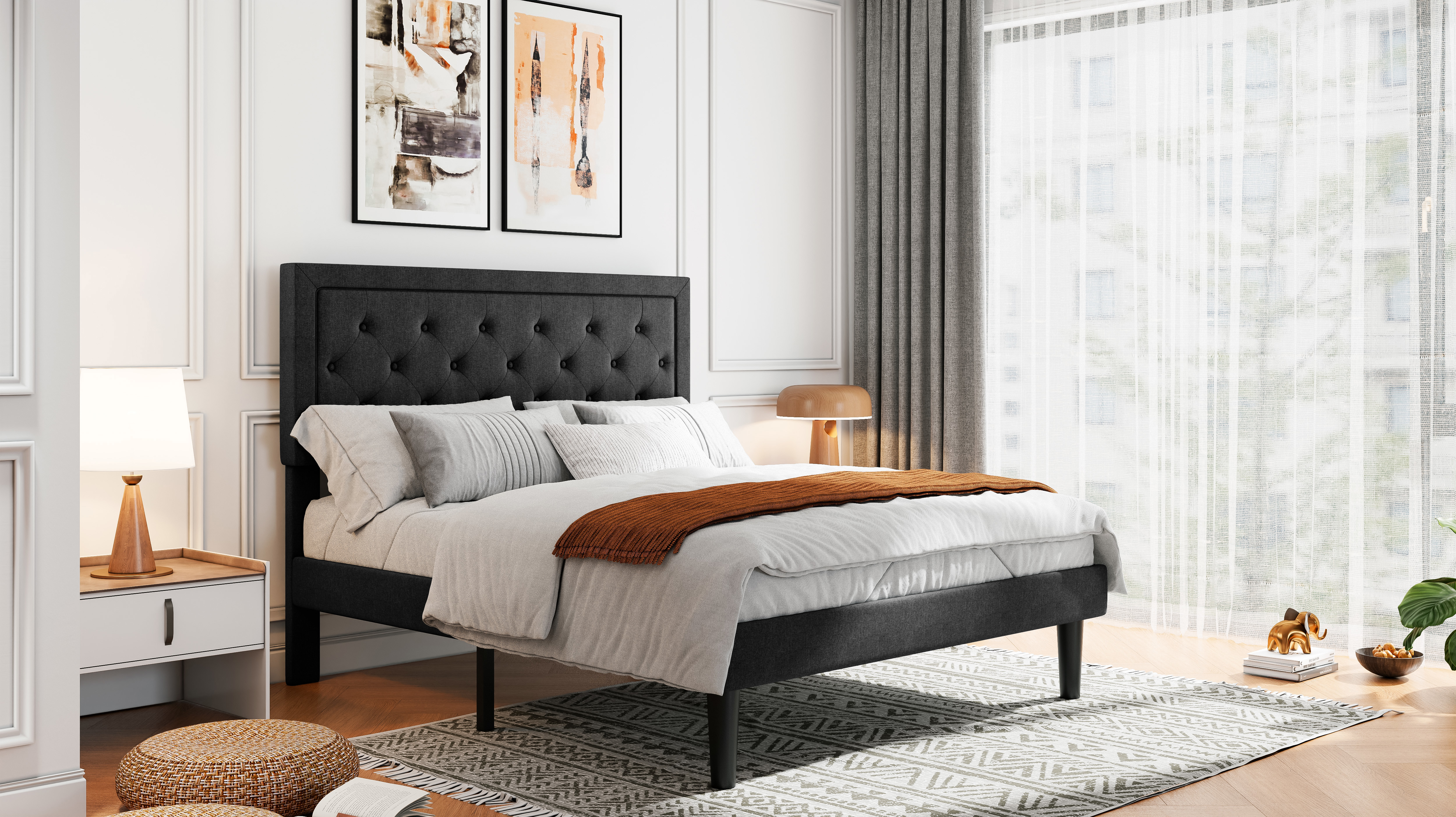 Sifurni Queen Bed Frame Upholstered Platform Bed with Adjustable Headboard, No Box Spring Needed, Black