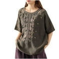 thumbnail image 3 of DDAPJ pyju Mexican Shirts Peasant Blouses Cotton Linen Floral Embroidered Shirt Short Sleeve Bohemian Tops Boho Clothes for Women Summer Ofertas de Hoy Dark Gray M, 3 of 6