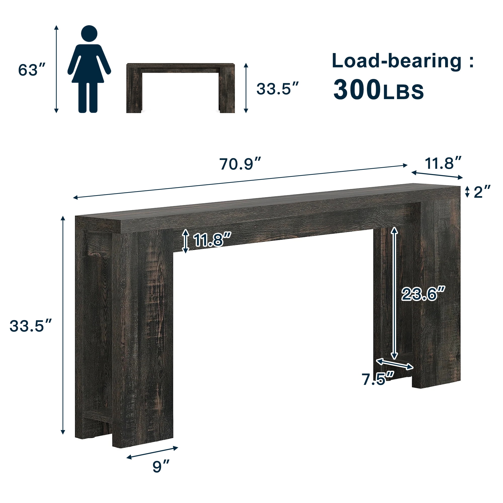 Demi Bonn 70.9" Wood Console Table, Farmhouse Sofa Table Entryway Table with Storage, Foyer Display Table, Black