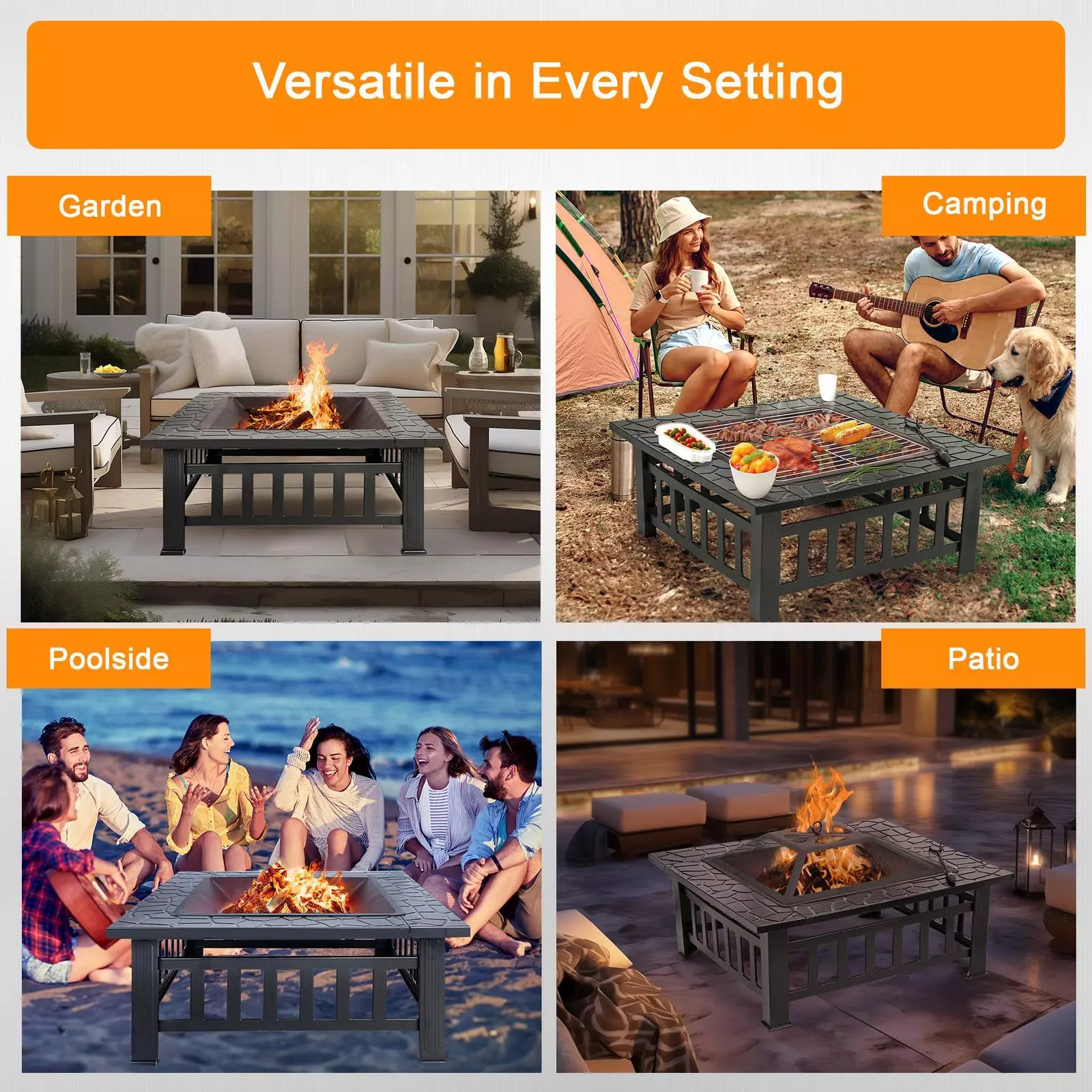 Sgokeen Fire Pit for Outside, 32" Outdoor Wood Burning Firepit with Fireplace Screen, Patio Fireplace Square Metal Stove for Camping, Outdoor Heating, Bonfire and Picnic, Black