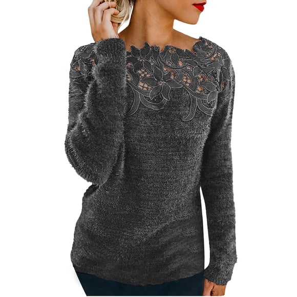 Breezora Floral Lace Patchwork Knit Sweater For Women Crewneck Long Sleeve Casual Pullover Top With Elegant Details XXL Size Grey