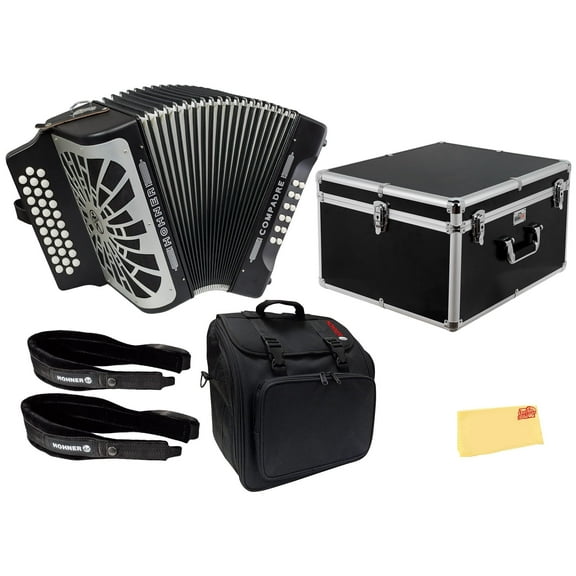 Hohner Compadre FBbEb 3-Row Diatonic Accordion - Black Bundle with Gig Bag, Hard Case, Adjustable Straps, and Austin Bazaar Polishing Cloth