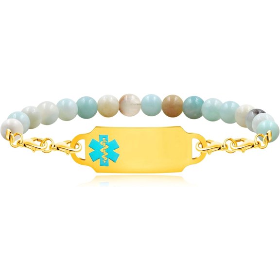 Exquisite Elastic Alert Bracelet for Women, Custom Medical ID Bracelet with Stainless Steel Tag & 6mm Natural Amazon Stone Chain, Secure Fit for Birthdays, Holidays, Family Gatherings