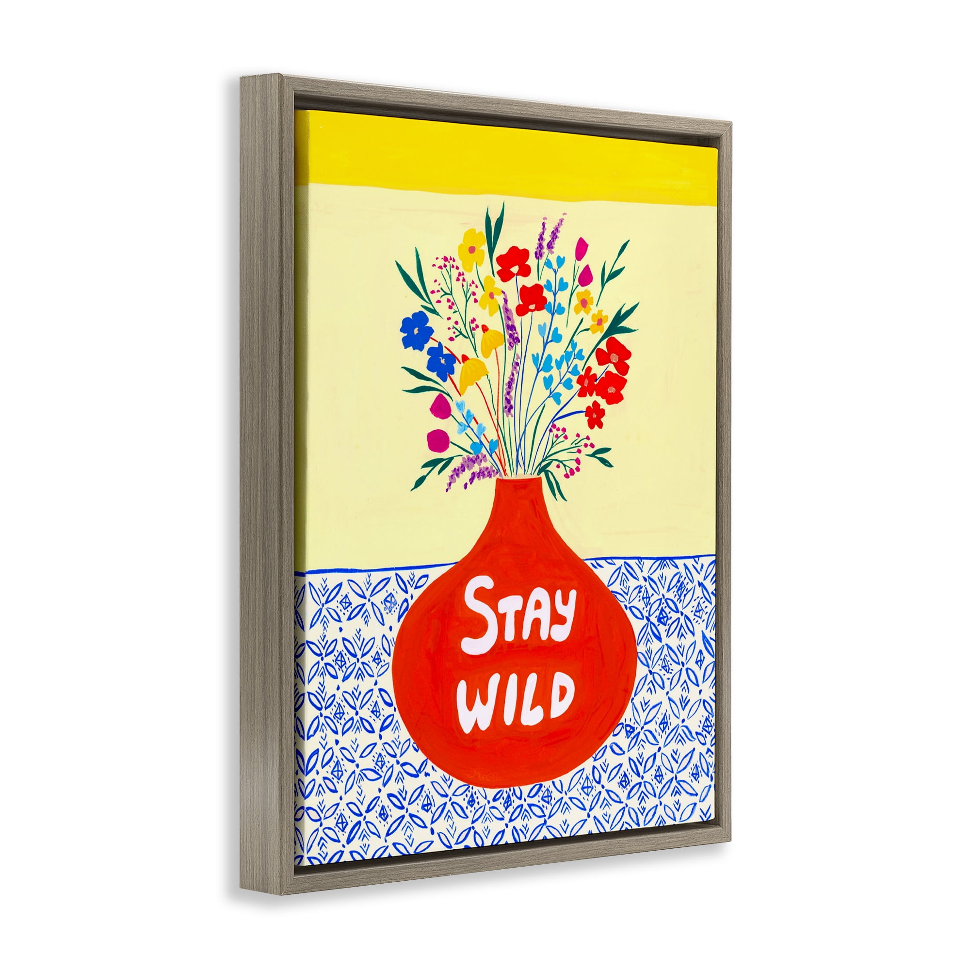 Stay Wild Midcentury Flowers Brown Framed Floater Canvas Wall Art, design by Nabeela Rumi