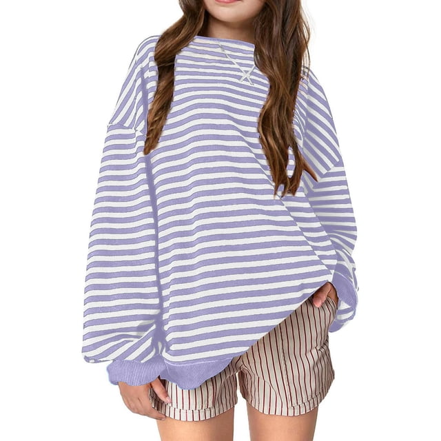 Hfolob Chandail Fille Enfants chandail Rayé à Blocs de Couleur Col Rond Manches Longues Chemise Décontractée Ample Chandail Classique Hauts