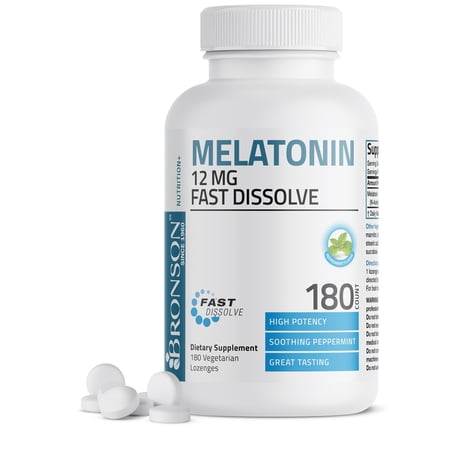 Bronson Melatonin 12mg Fast Acting Tablets with Vitamin B6 - Night Time Sleep Aid - Promotes Relaxation, 180 Peppermint Flavored Fast Acting Tablets
