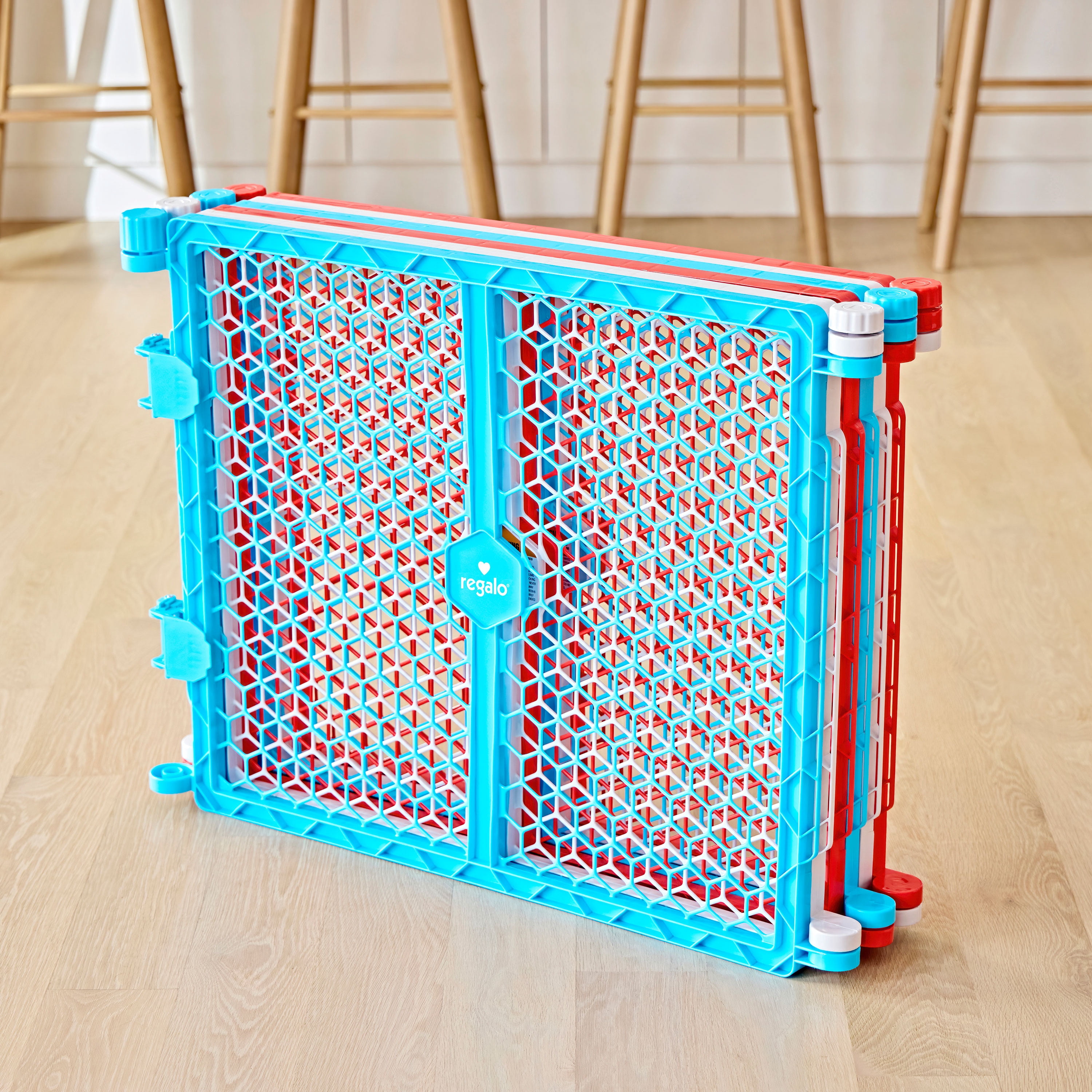 Regalo 2-in-1 Super Wide Baby Safety Gate and Play Yard, 192-Inch Coverage, Ages 6-24 Months, Red/White/Blue
