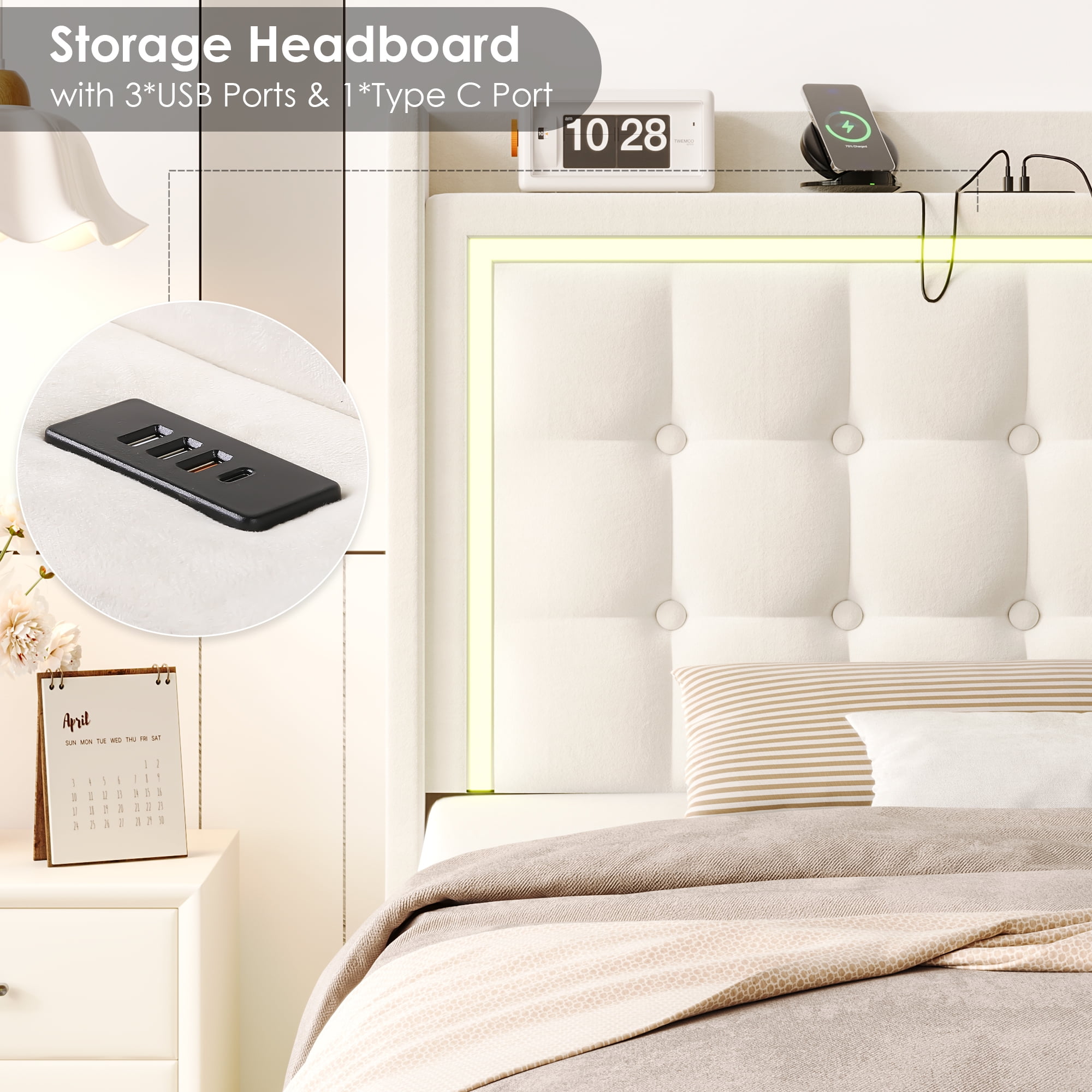 Homfa Twin Size Floating Bed Frame with RGB LED Lights Charging Station, Modern Velvet Upholstered Platform Bed Frame with Storage Headboard, Off-White