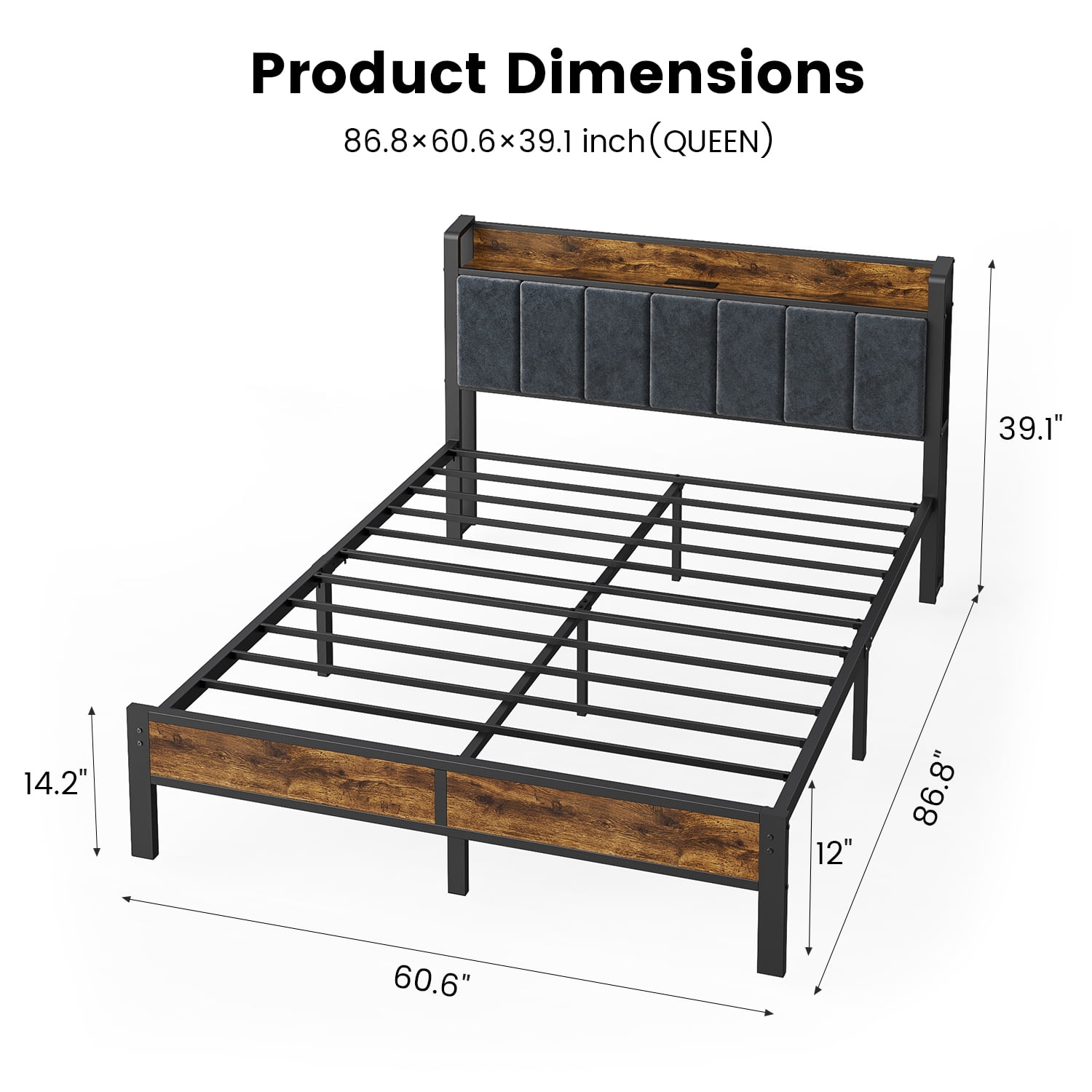OLEVS Queen Bed Frame with Headboard, LED Lighting, Charging Station, No Box Spring Required