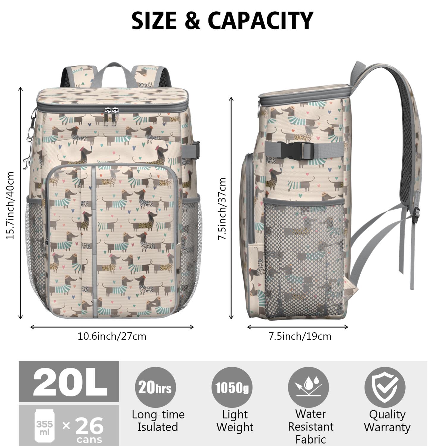 Travel Cooler Bag - Cute Cartoon Dachshund Camping Beer Cooler Backpack with Bottle Opener- Waterproof Insulated Picnic Backpacks - Cooler Bag for Beach