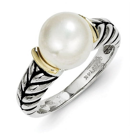 Sterling Silver with 14k 10mm Button Freshwater Cultured Pearl Ring