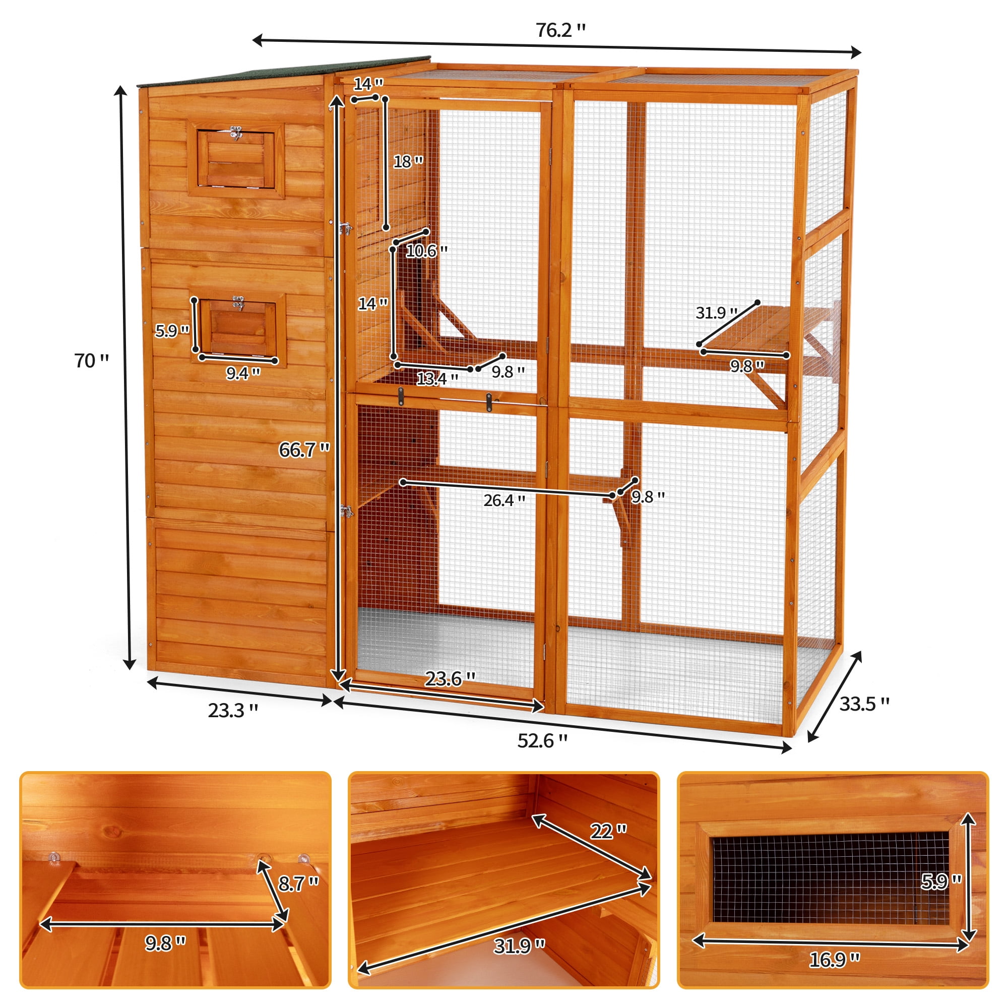 COZIWOW Wood  Cat House Catio Outdoor Enclosure, 2 Resting Condos, 2 Platforms, 4-Tier Cat Play Cage, Orange