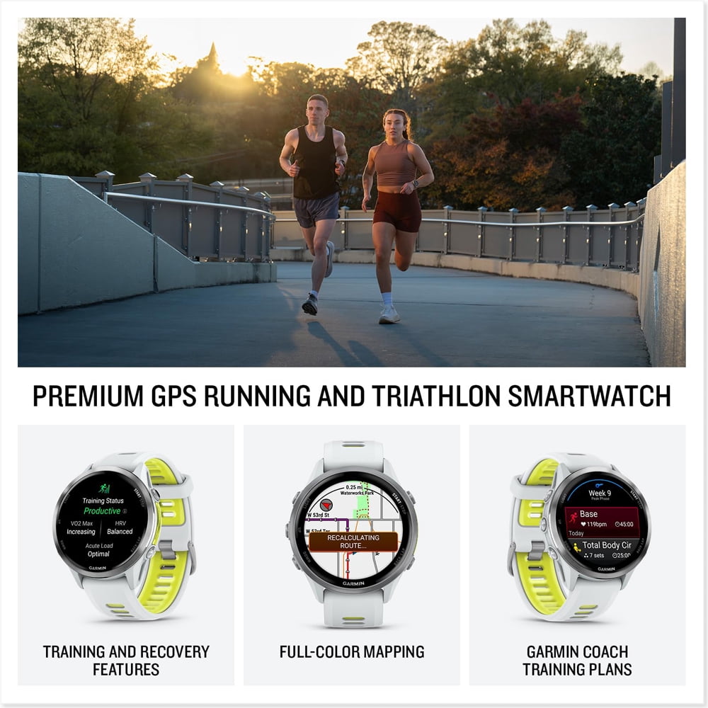 Garmin 010-02969-01 Forerunner 970 GPS Smartwatch, Titanium and Whitestone/Yellow Band Bundle with Deco Essentials Charging Dock, 3x Silicone Dust Cover and 2x 1.4 Inch Screen Protector