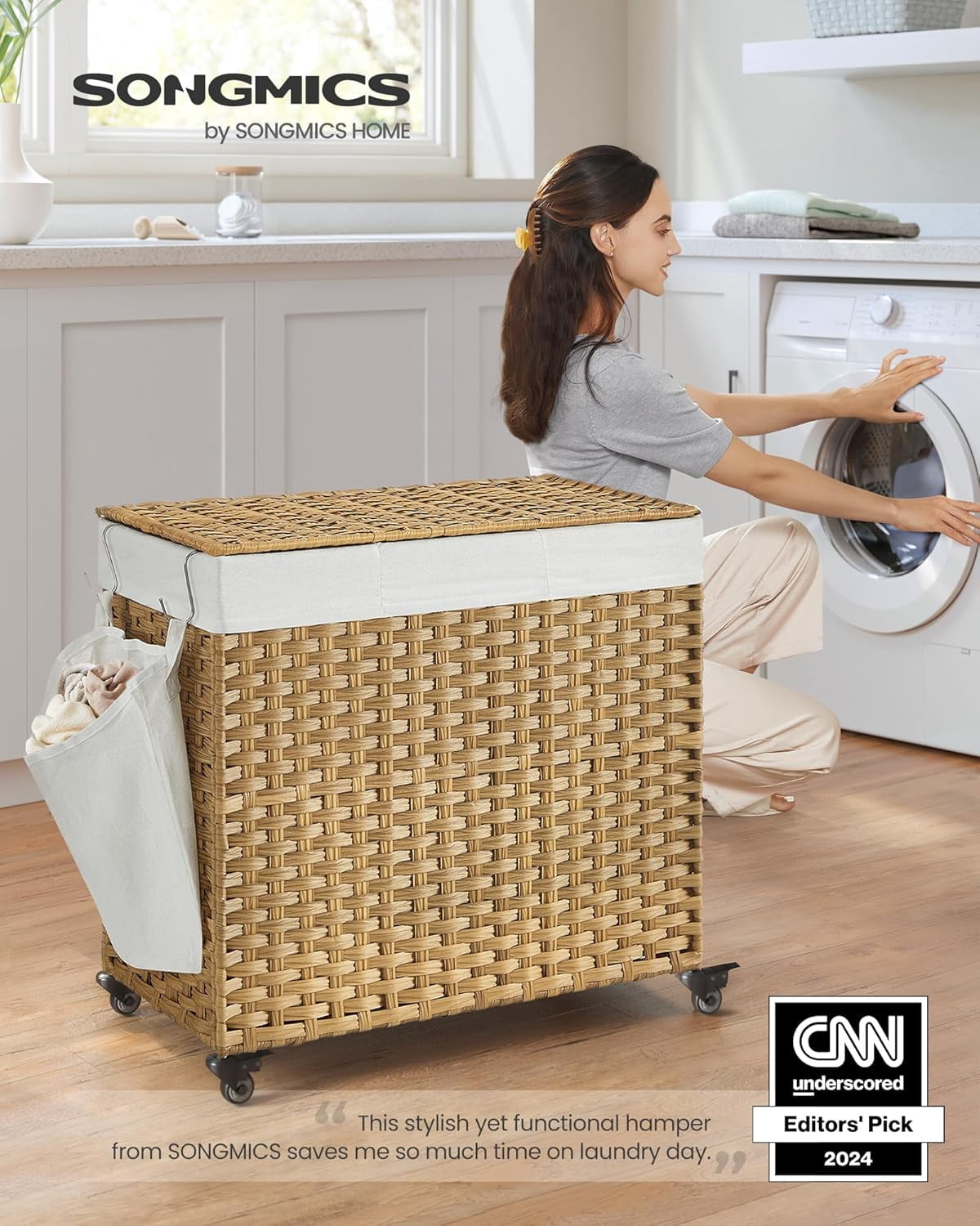 Laundry Hamper with Lid, 42.3 Gallons (160 L), Rolling Laundry Basket with Wheels, 3-Section Synthetic Rattan, Removable Liner, Bedroom, 27.6 x 14.2 x 26 Inches, Natural