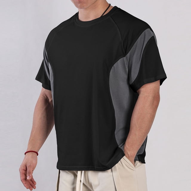 Camisas Elvqul de Hombre Algodón Negro Casual Manga Corta sin Estampado Cuello Redondo