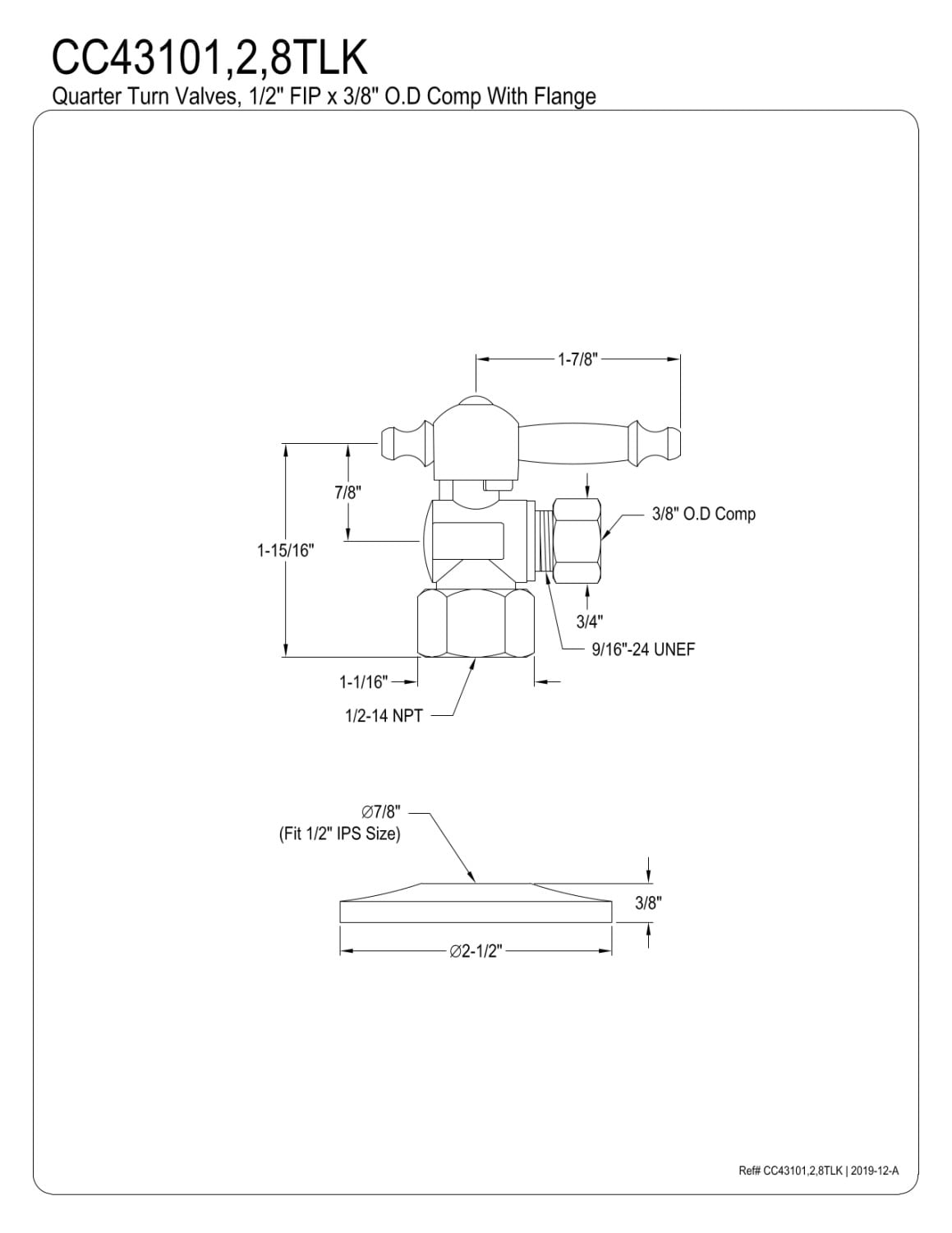 Kingston Brass CC43108TLK 1/2" FIP x 3/8" OD Comp Quarter-Turn Angle Stop Valve with Flange, Brushed Nickel