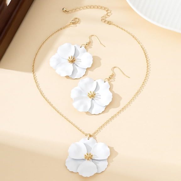 Flower Alloy Enamel Pendant Necklace & Dangle Earring Golden White 370mm & 65x41mm Alloy