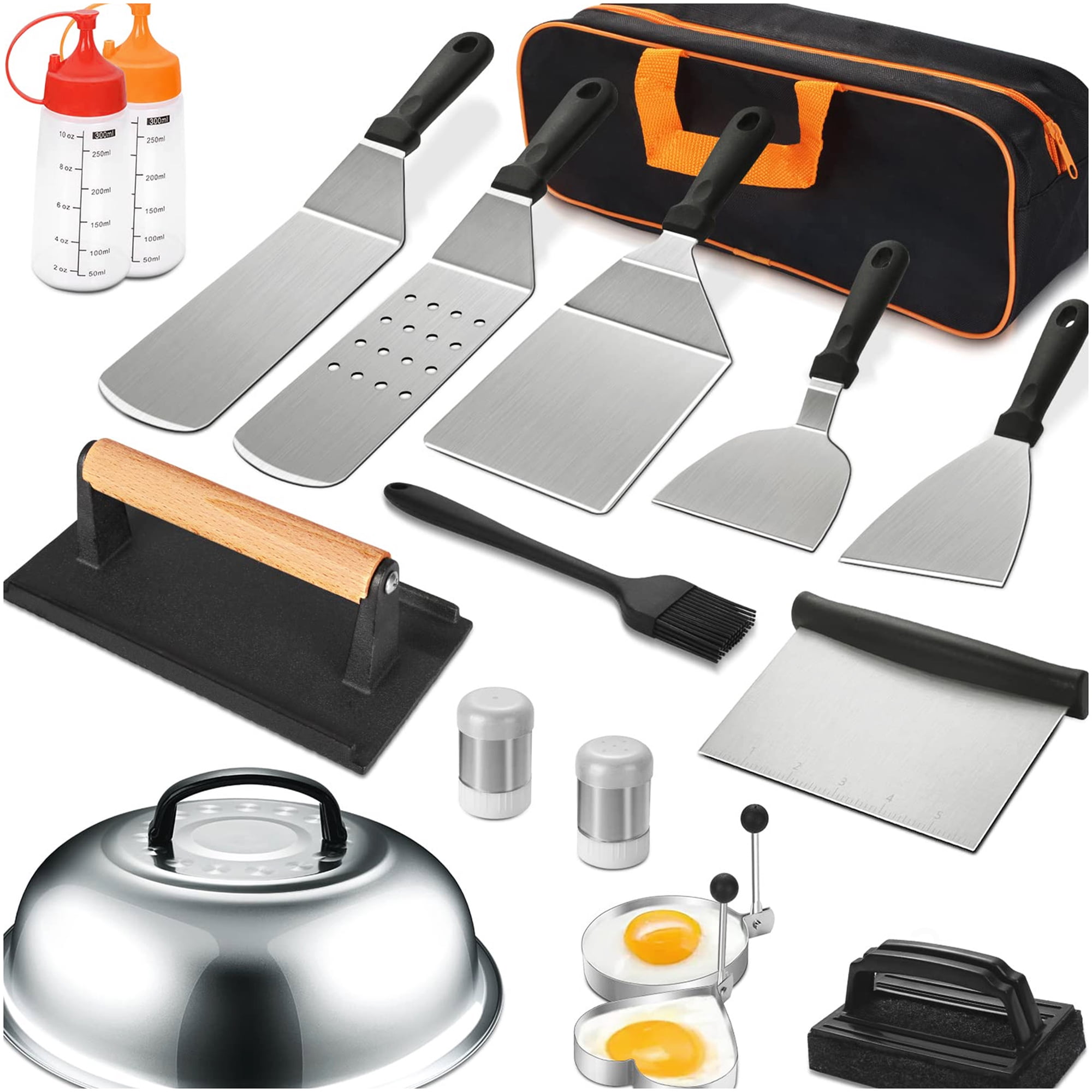 Silver 18-Piece Stainless Steel Flat Top Griddle Tool Set for Outdoor Backyard Cooking