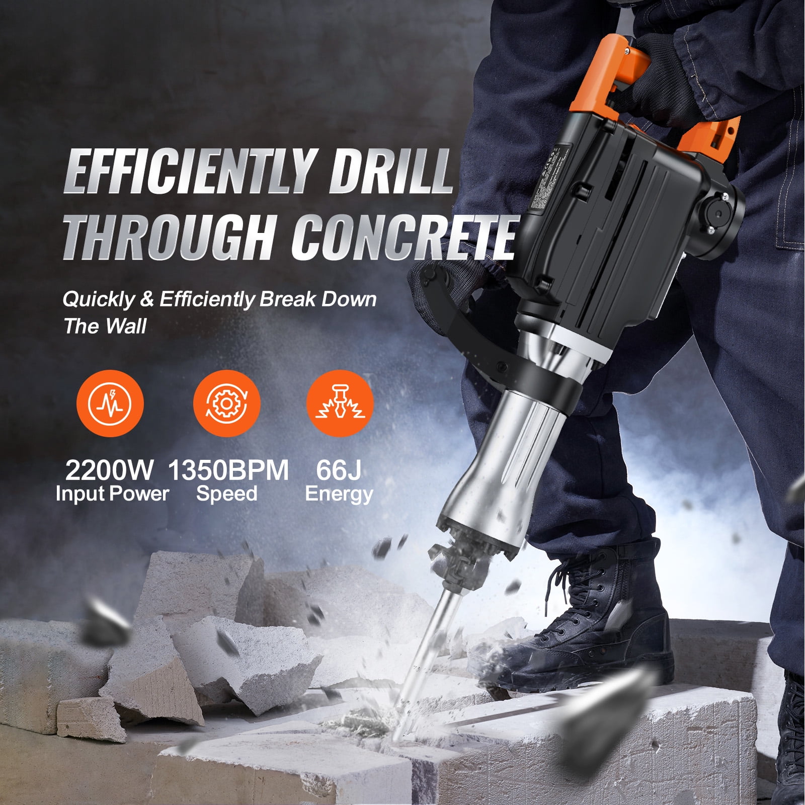 KFFKFF 2200W Electric Demolition Jack Hammer, Heavy Duty Concrete Breaker with 1350 BPM, Includes 2 Chisel Bits and Carrying Case, Black