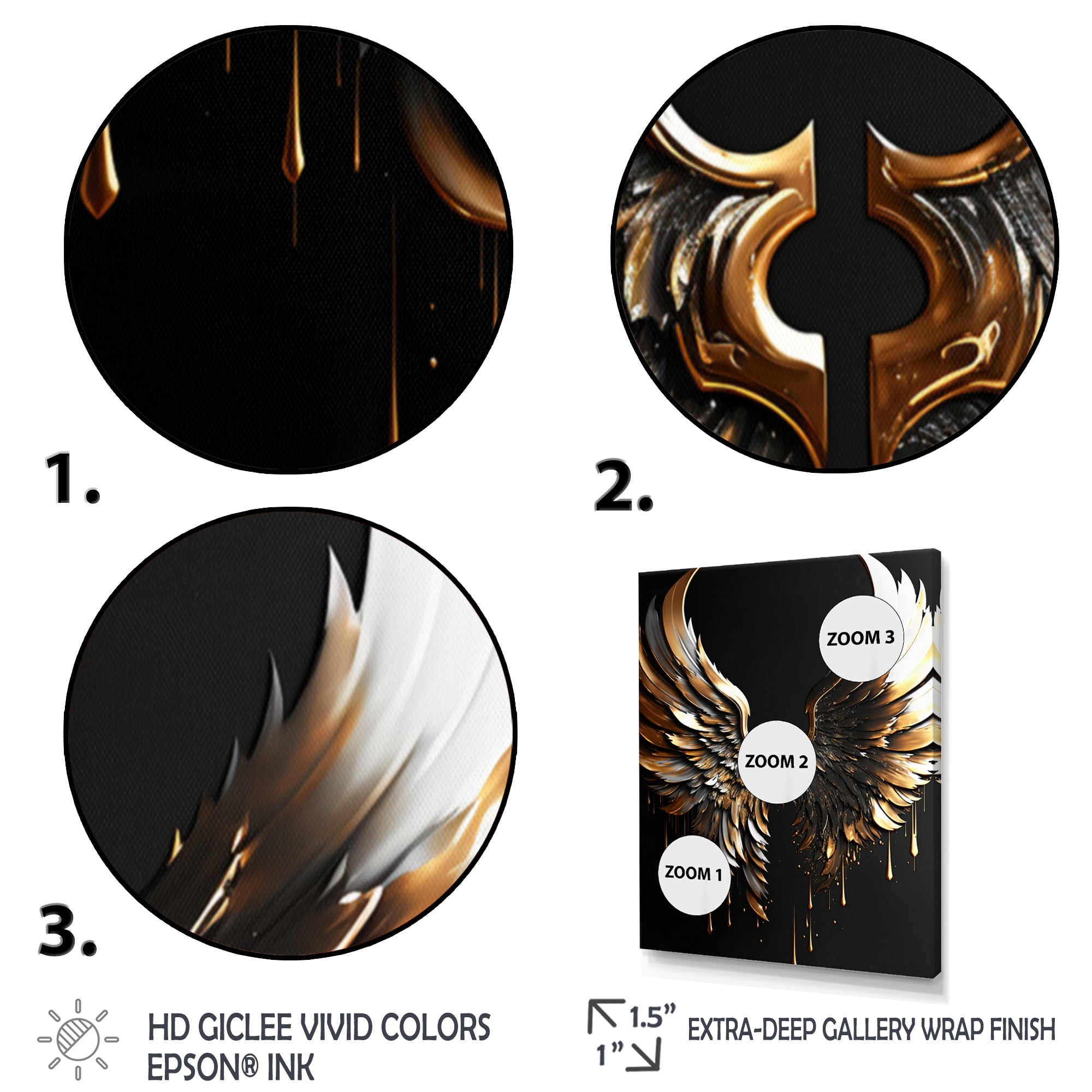 Designart Black Silver And Gold Angel Wings I Canvas Wall Art