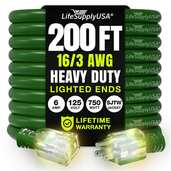 200ft Outdoor/Indoor Extension Cord 16/3 Gauge Heavy Duty 3 Prong SJTW, Waterproof, Flexible Cold-Resistant Long Power Cord,125 Amp 750W, Green by LifeSupplyUSA