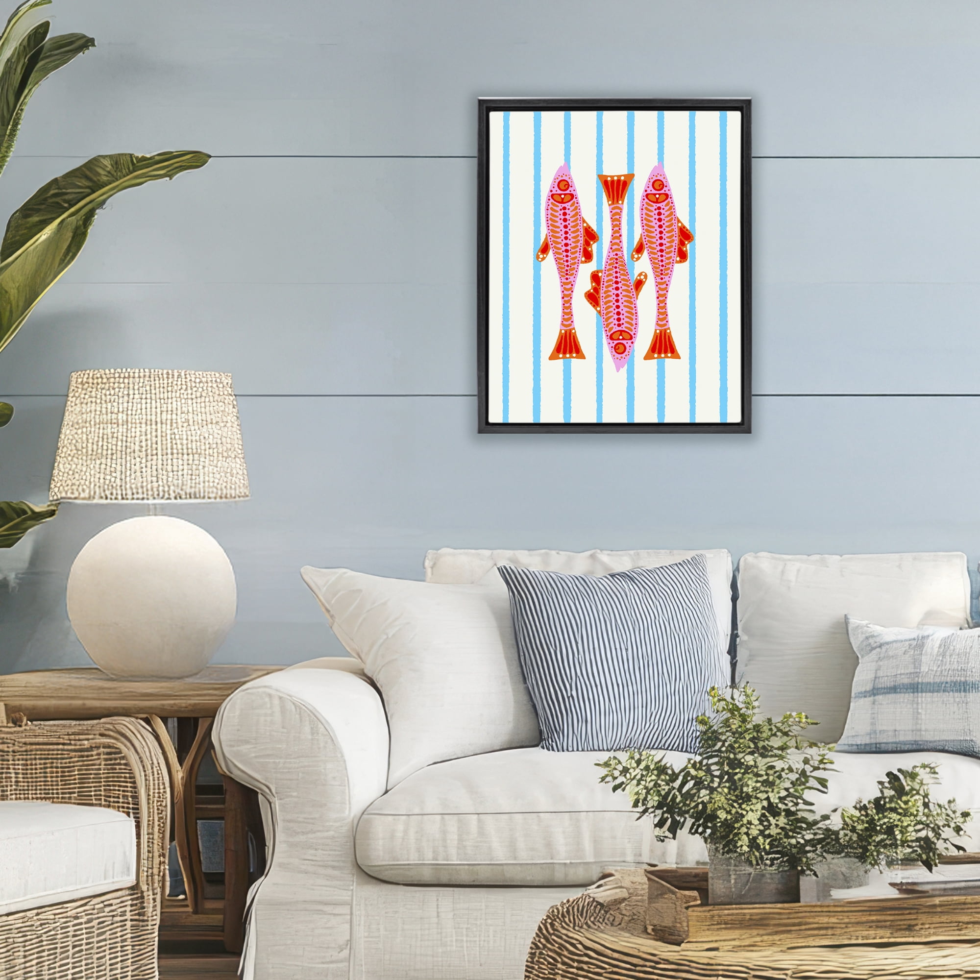 Stupell Industries Bright Aquatic Fish on Stripes Black Framed Floater Canvas Wall Art, design by Indira Prieto | IndySign