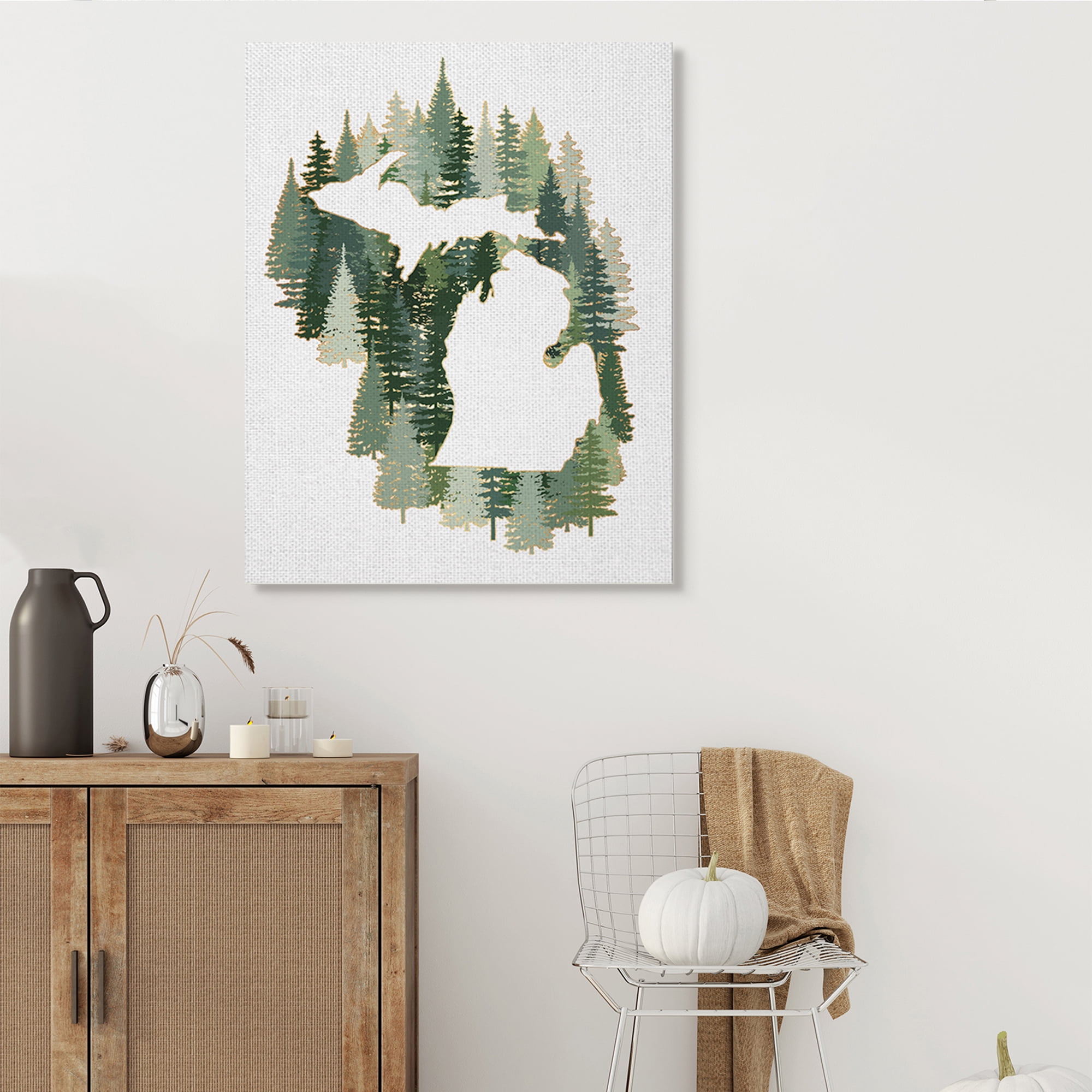 Stupell Industries Michigan State Outline Green Pine Tree Forest Town & City Painting Gallery Wrapped Canvas Art Print Wall Art, 36 x 48