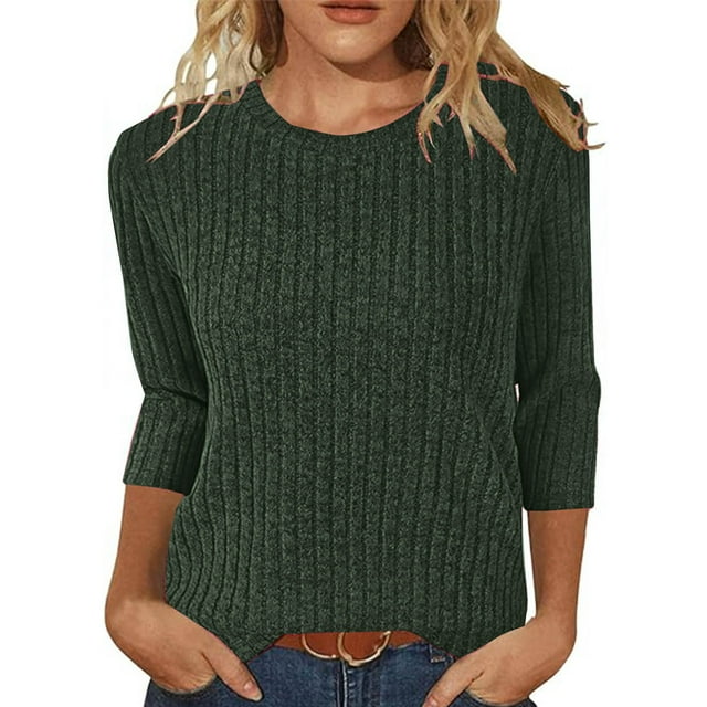 Frostluinai Womens 3/4 Sleeve Tops Round Neck Ribbed Knit Shirts Basic Solid Color T Shirts Soft Work Blouses Comzy Going Out Tees Clearance